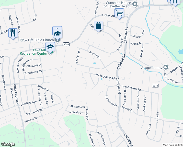 map of restaurants, bars, coffee shops, grocery stores, and more near 5528 Hickory Knoll Road in Fayetteville