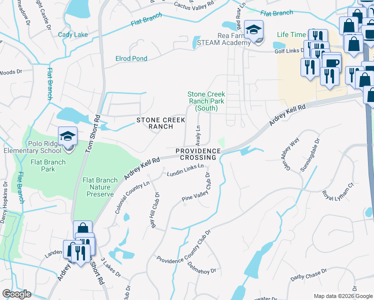 map of restaurants, bars, coffee shops, grocery stores, and more near 11626 Wheat Ridge Road in Charlotte