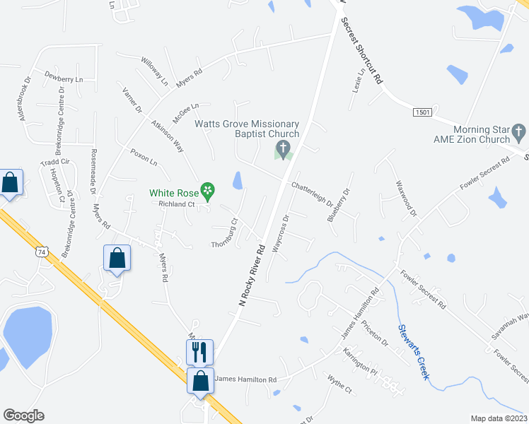 map of restaurants, bars, coffee shops, grocery stores, and more near 2914 Cripple Creek Court in Monroe