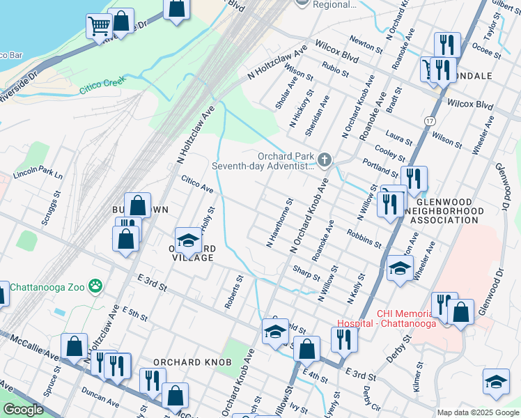 map of restaurants, bars, coffee shops, grocery stores, and more near 1703 Citico Avenue in Chattanooga