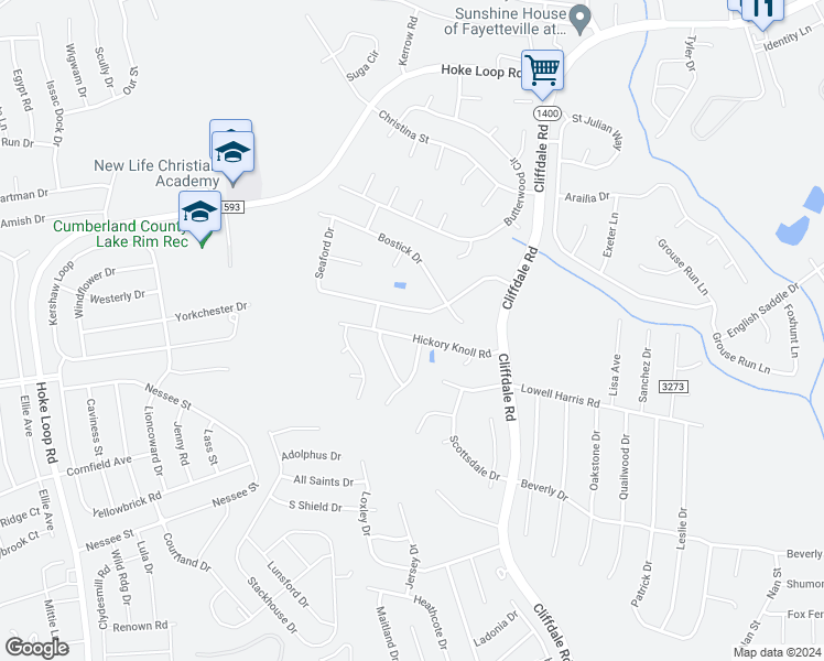 map of restaurants, bars, coffee shops, grocery stores, and more near 5508 Hickory Knoll Road in Fayetteville