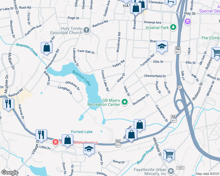 map of restaurants, bars, coffee shops, grocery stores, and more near 511 Forest Lake Road in Fayetteville