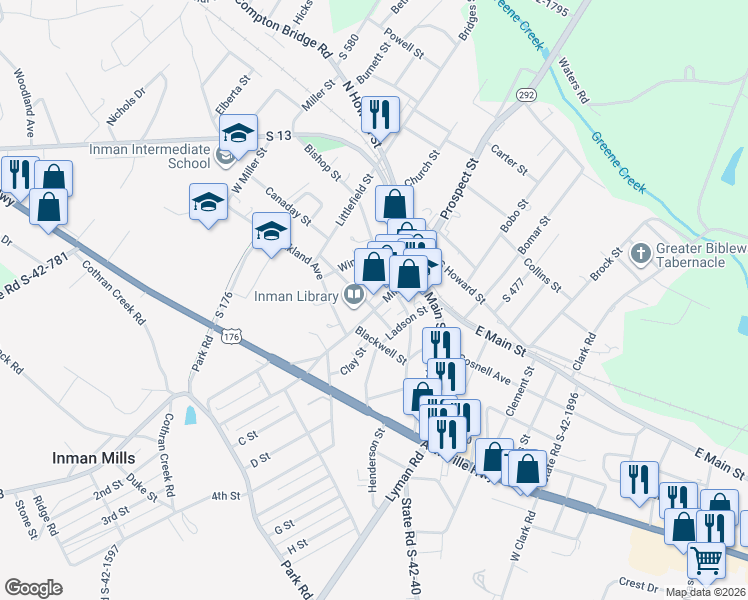 map of restaurants, bars, coffee shops, grocery stores, and more near 3 Bishop Street in Inman