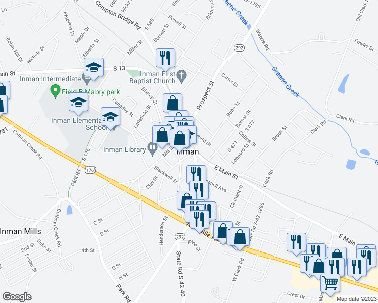 map of restaurants, bars, coffee shops, grocery stores, and more near 18 South Main Street in Inman