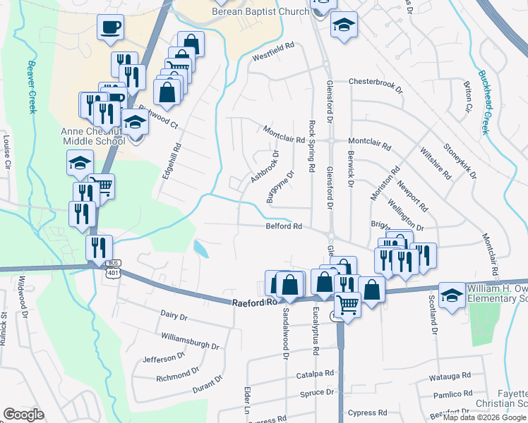 map of restaurants, bars, coffee shops, grocery stores, and more near 734 Burgoyne Drive in Fayetteville