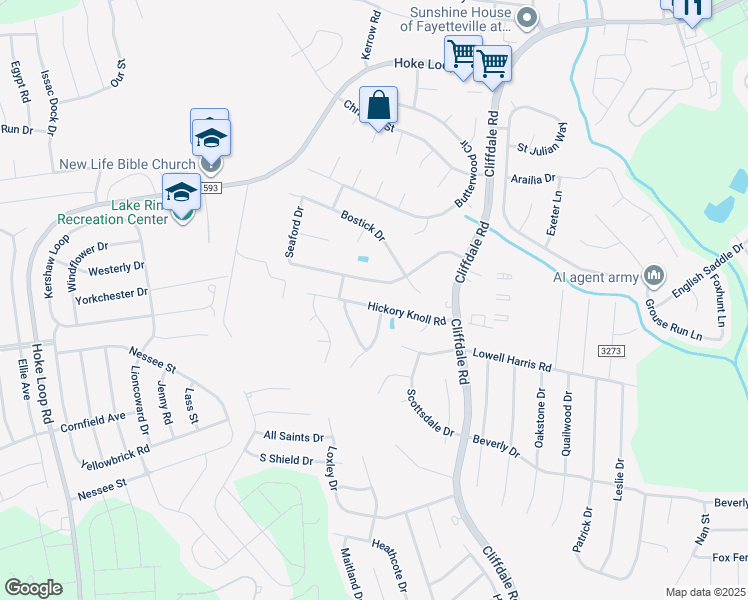 map of restaurants, bars, coffee shops, grocery stores, and more near 5508 Hickory Knoll Road in Fayetteville