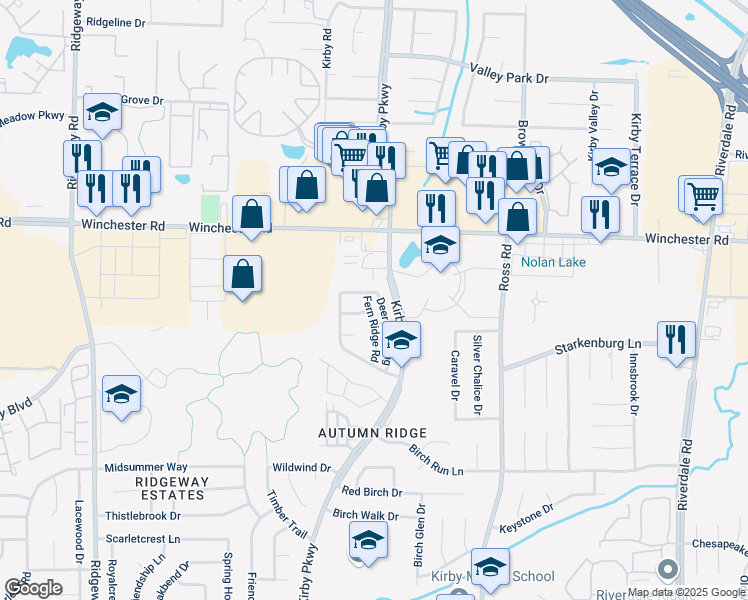 map of restaurants, bars, coffee shops, grocery stores, and more near 3722 Fern Ridge Road in Memphis