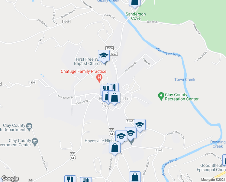 map of restaurants, bars, coffee shops, grocery stores, and more near 101 Sullivan Street in Hayesville
