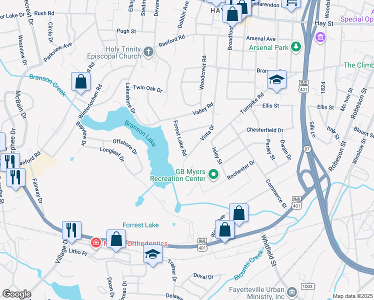 map of restaurants, bars, coffee shops, grocery stores, and more near 511 Forest Lake Road in Fayetteville