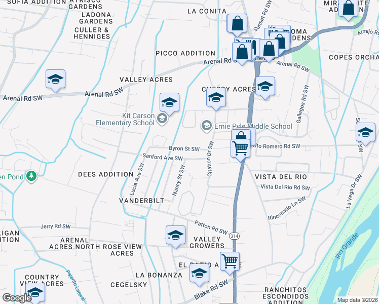 map of restaurants, bars, coffee shops, grocery stores, and more near 1800 Byron Street Southwest in Albuquerque
