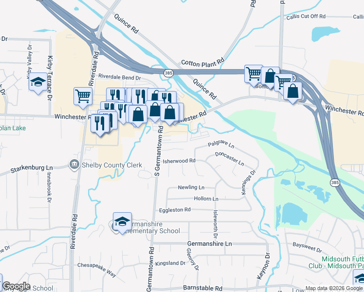 map of restaurants, bars, coffee shops, grocery stores, and more near 3686 South Germantown Road in Memphis