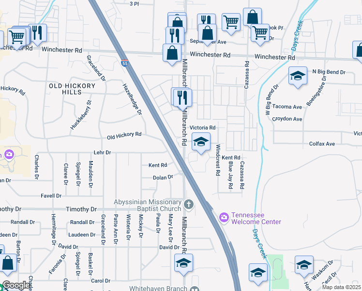 map of restaurants, bars, coffee shops, grocery stores, and more near 3721 Millbranch Road in Memphis