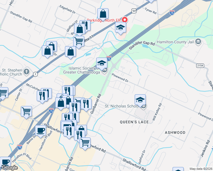 map of restaurants, bars, coffee shops, grocery stores, and more near 2526 Gunbarrel Road in Chattanooga