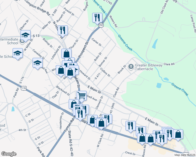 map of restaurants, bars, coffee shops, grocery stores, and more near 12 South 477 in Inman