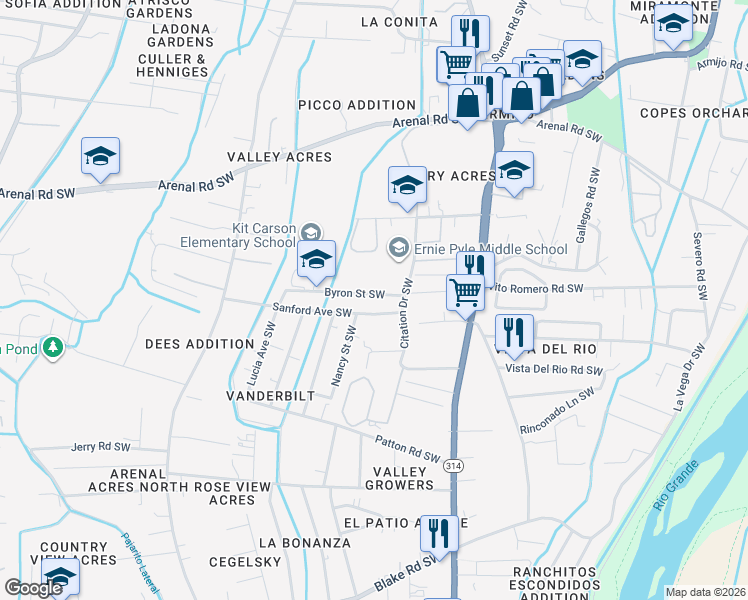 map of restaurants, bars, coffee shops, grocery stores, and more near 1800 Byron Street Southwest in Albuquerque