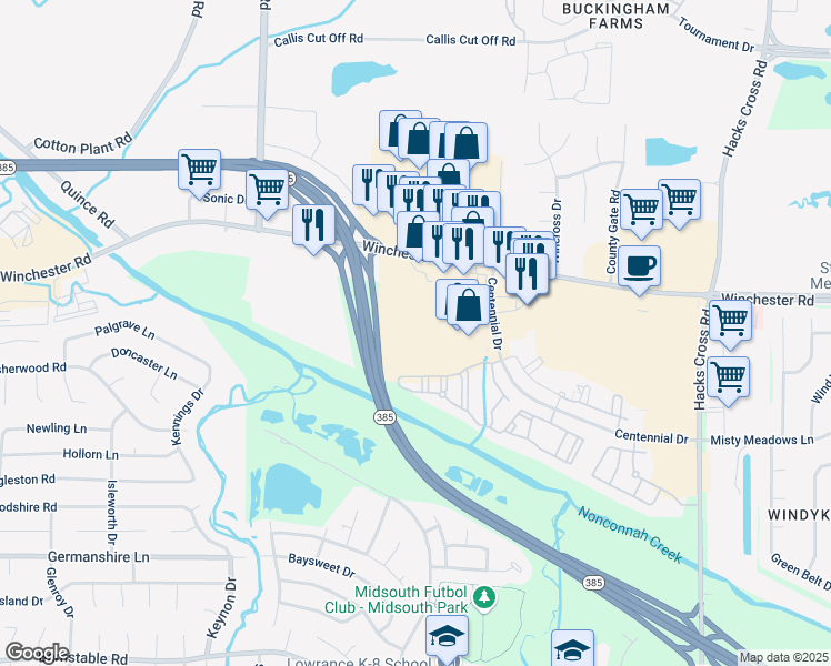 map of restaurants, bars, coffee shops, grocery stores, and more near 7697 Winchester Road in Memphis