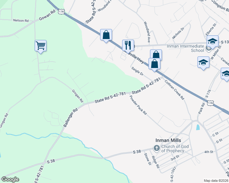 map of restaurants, bars, coffee shops, grocery stores, and more near 3 Ballenger Road in Inman