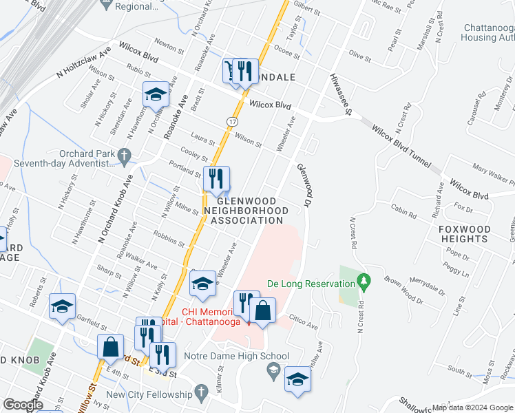 map of restaurants, bars, coffee shops, grocery stores, and more near 1102 Wheeler Avenue in Chattanooga