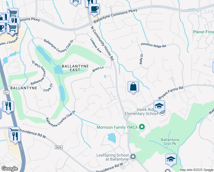 map of restaurants, bars, coffee shops, grocery stores, and more near 13232 Kornegy Drive in Charlotte