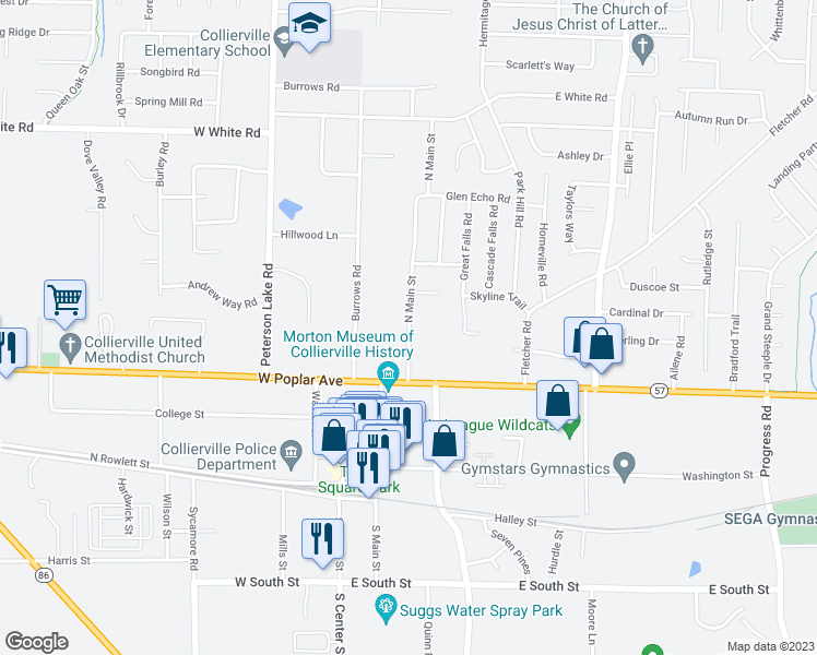 map of restaurants, bars, coffee shops, grocery stores, and more near 268 North Main Street in Collierville