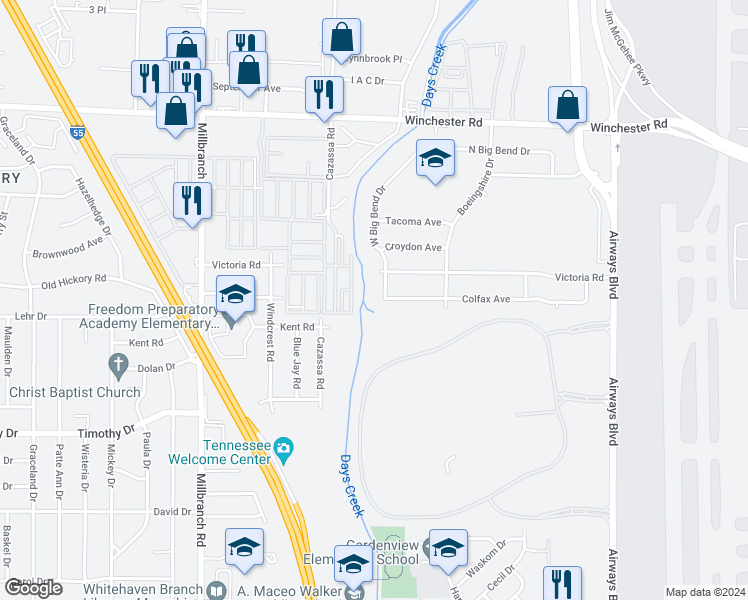 map of restaurants, bars, coffee shops, grocery stores, and more near 3717 West Big Bend Drive in Memphis