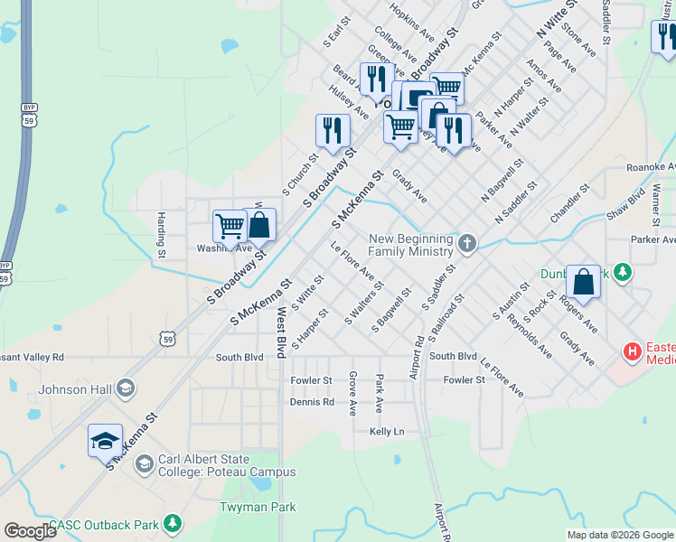 map of restaurants, bars, coffee shops, grocery stores, and more near 304 Le Flore Avenue in Poteau