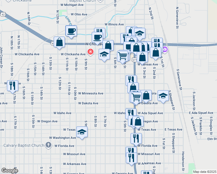 map of restaurants, bars, coffee shops, grocery stores, and more near 415 South 7th Street in Chickasha