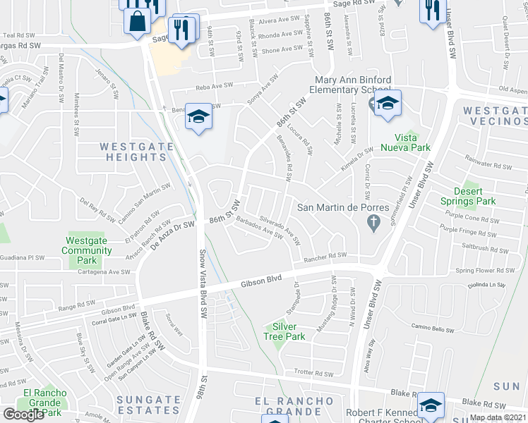 map of restaurants, bars, coffee shops, grocery stores, and more near 1712 Barbed Wire Drive Southwest in Albuquerque