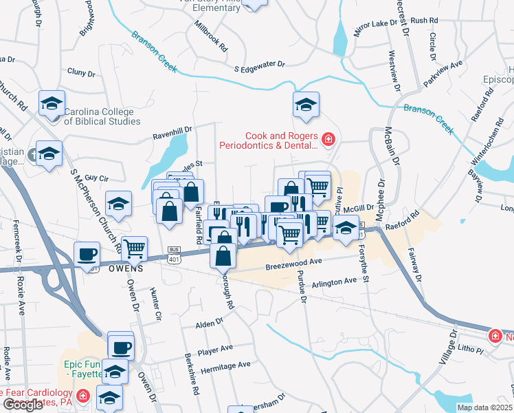 map of restaurants, bars, coffee shops, grocery stores, and more near 140 Willborough Avenue in Fayetteville
