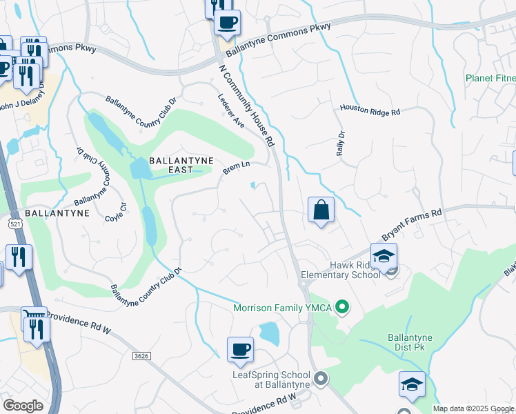 map of restaurants, bars, coffee shops, grocery stores, and more near 13232 Kornegy Drive in Charlotte