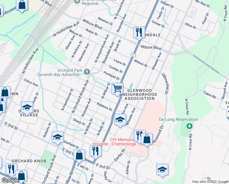 map of restaurants, bars, coffee shops, grocery stores, and more near 2202 Milne Street in Chattanooga