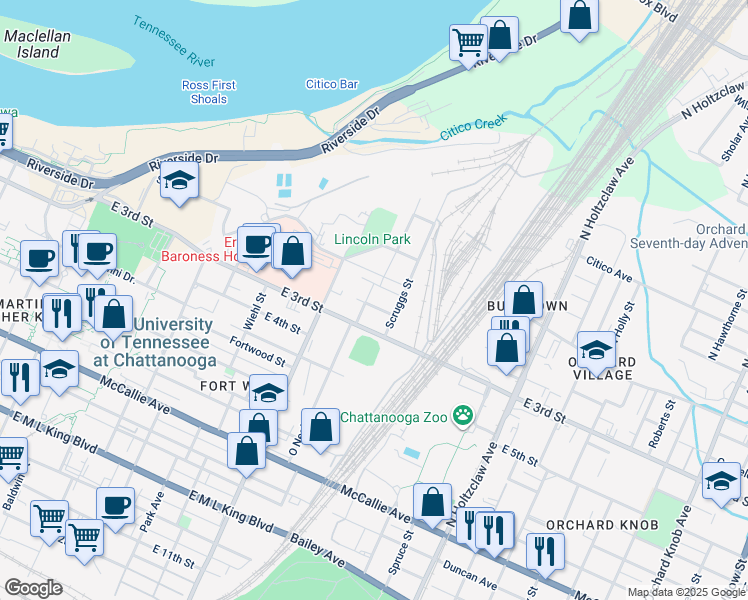 map of restaurants, bars, coffee shops, grocery stores, and more near 1138 Pierce Street in Chattanooga
