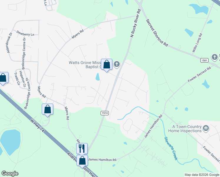 map of restaurants, bars, coffee shops, grocery stores, and more near 2922 Cripple Creek Court in Monroe