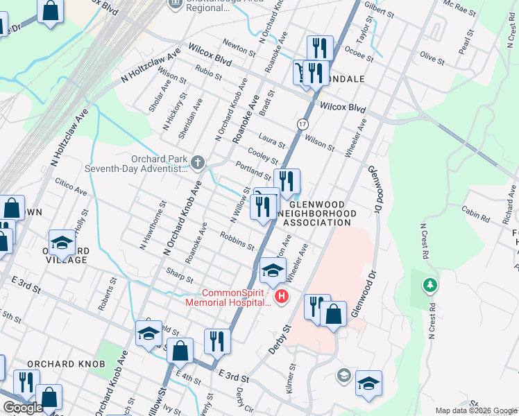 map of restaurants, bars, coffee shops, grocery stores, and more near 2202 Milne Street in Chattanooga
