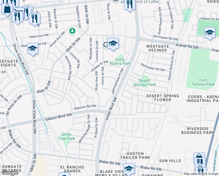 map of restaurants, bars, coffee shops, grocery stores, and more near 8208 Opal Mist Court Southwest in Albuquerque