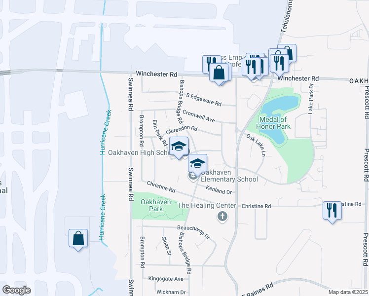 map of restaurants, bars, coffee shops, grocery stores, and more near 3700 Bedford Lane in Memphis