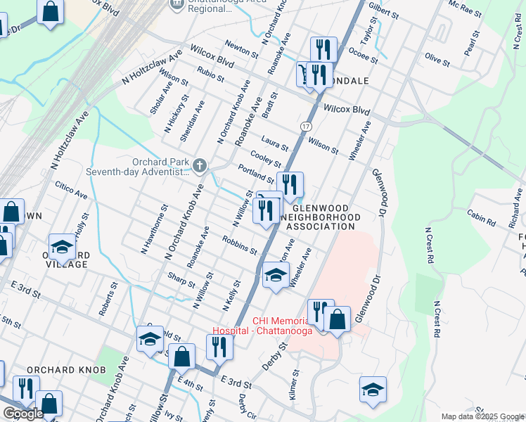 map of restaurants, bars, coffee shops, grocery stores, and more near 2203 Milne Street in Chattanooga