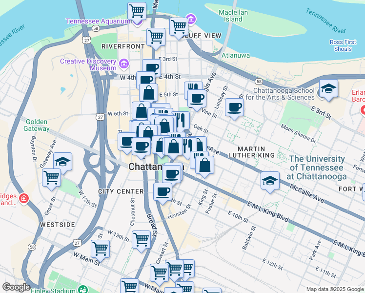 map of restaurants, bars, coffee shops, grocery stores, and more near 320 McCallie Avenue in Chattanooga