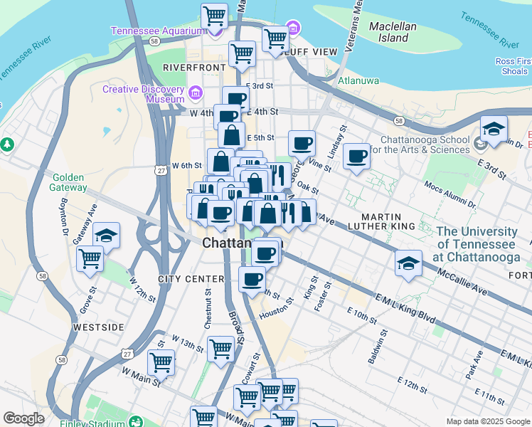map of restaurants, bars, coffee shops, grocery stores, and more near 724 Cherry Street in Chattanooga