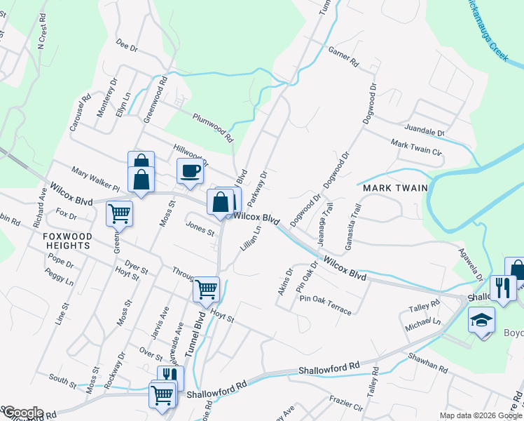 map of restaurants, bars, coffee shops, grocery stores, and more near 3503 Wilcox Boulevard in Chattanooga
