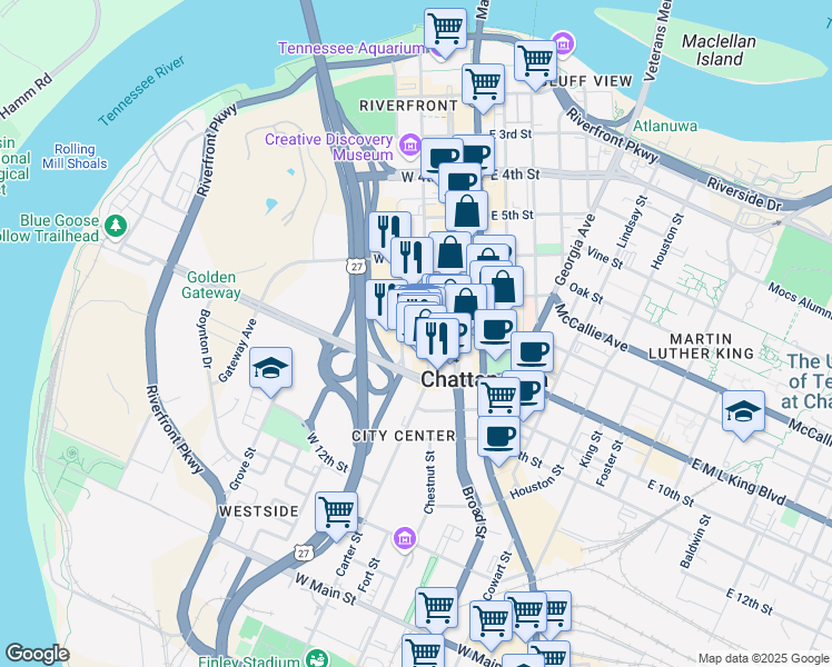 map of restaurants, bars, coffee shops, grocery stores, and more near 729 Chestnut Street in Chattanooga