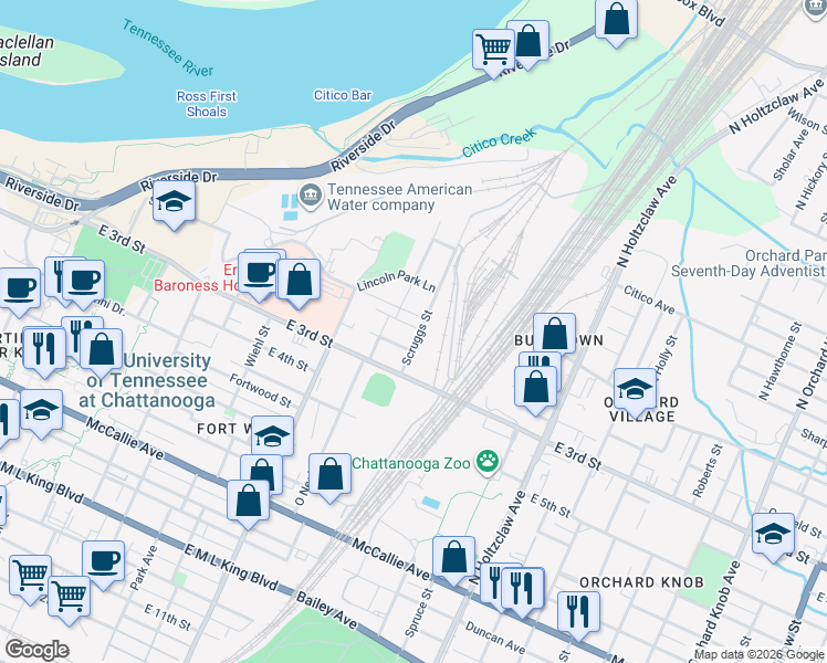 map of restaurants, bars, coffee shops, grocery stores, and more near 1138 Pierce Street in Chattanooga