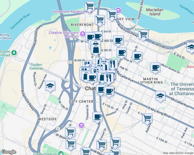map of restaurants, bars, coffee shops, grocery stores, and more near 736 Market Street in Chattanooga