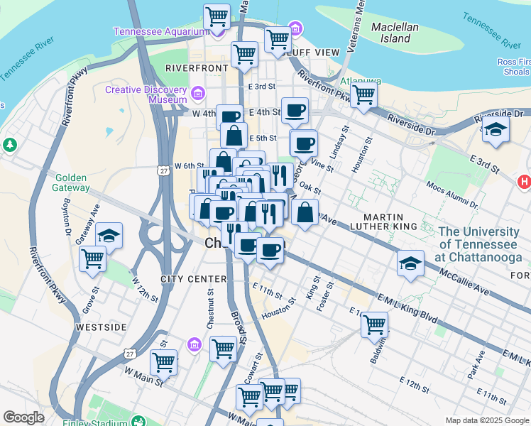 map of restaurants, bars, coffee shops, grocery stores, and more near 736 Cherry Street in Chattanooga