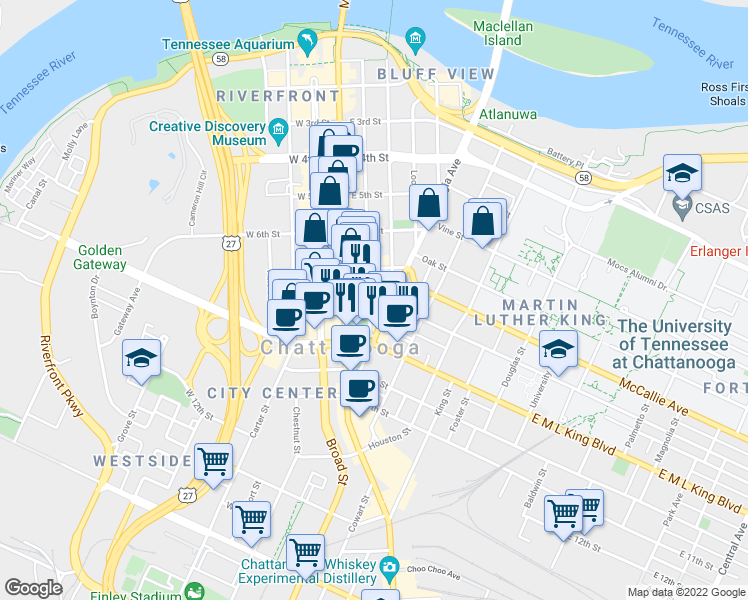 map of restaurants, bars, coffee shops, grocery stores, and more near 736 Cherry Street in Chattanooga