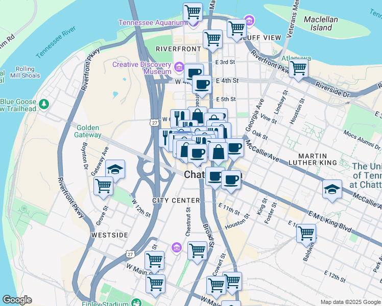 map of restaurants, bars, coffee shops, grocery stores, and more near 730 Chestnut Street in Chattanooga