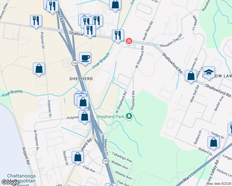 map of restaurants, bars, coffee shops, grocery stores, and more near 2163 West Shepherd Road in Chattanooga