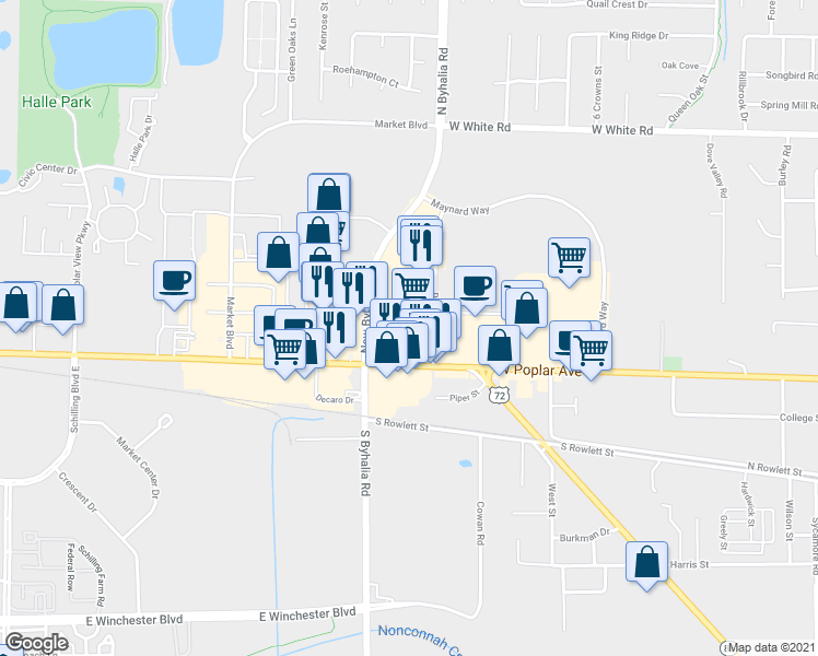 map of restaurants, bars, coffee shops, grocery stores, and more near 240 New Byhalia Road in Collierville