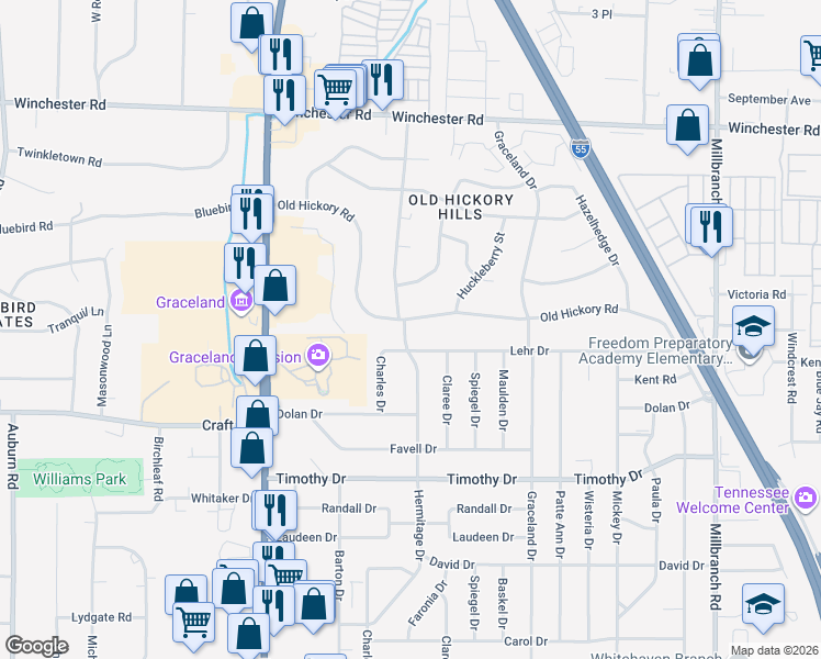 map of restaurants, bars, coffee shops, grocery stores, and more near 3710 Hermitage Drive in Memphis