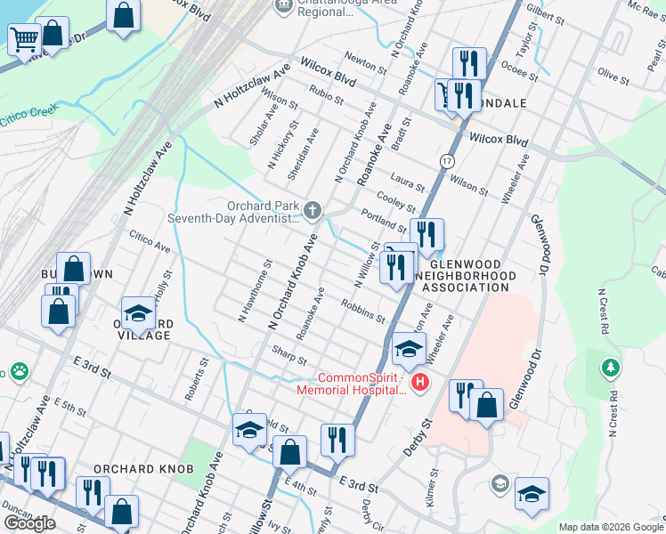map of restaurants, bars, coffee shops, grocery stores, and more near 1911 Rawlings Street in Chattanooga